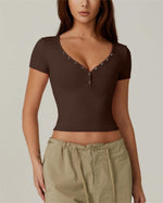 Women's V Neck Button Fit Cropped Top