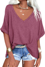 Women's Casual Oversized V-Neck Shoer Sleeve T-Shirt