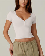 Women's V Neck Button Fit Cropped Top