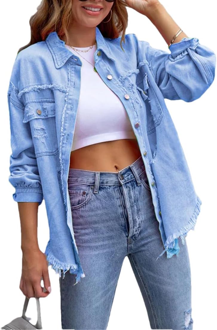 Women's Distressed Denim Lapel Jacket