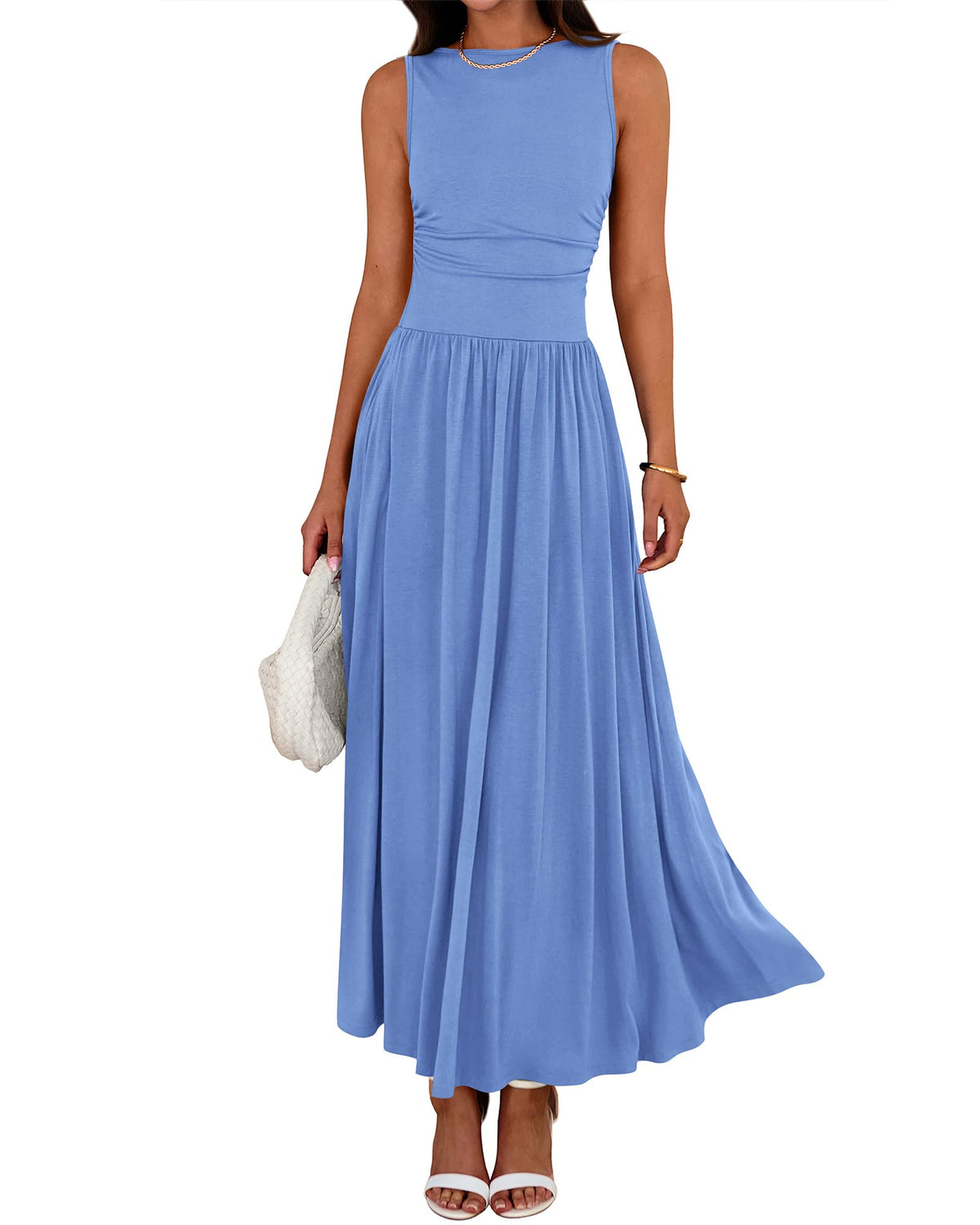 Women's Solid Sleeveless Ruched High Waisted Tank Dress with Pockets