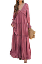Women's Long Sleeve V Neck Boho Flowy Maxi Dresses