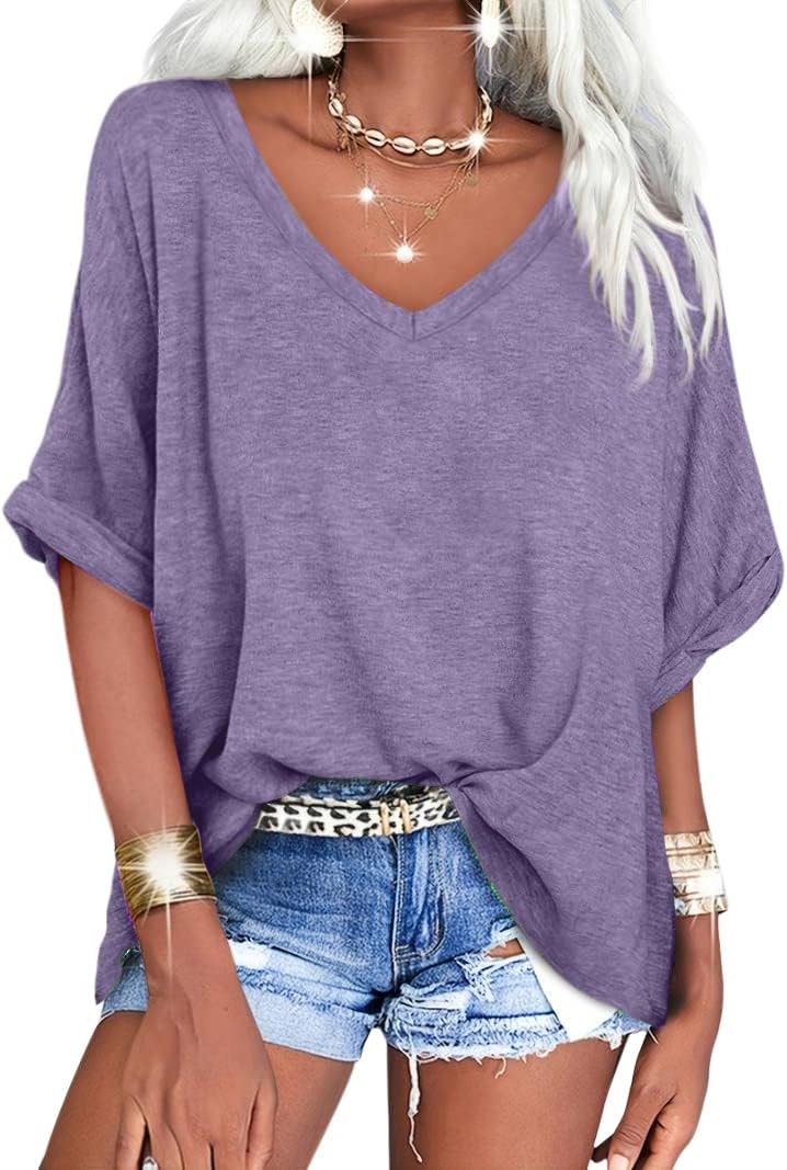 Women's Casual Oversized V-Neck Shoer Sleeve T-Shirt