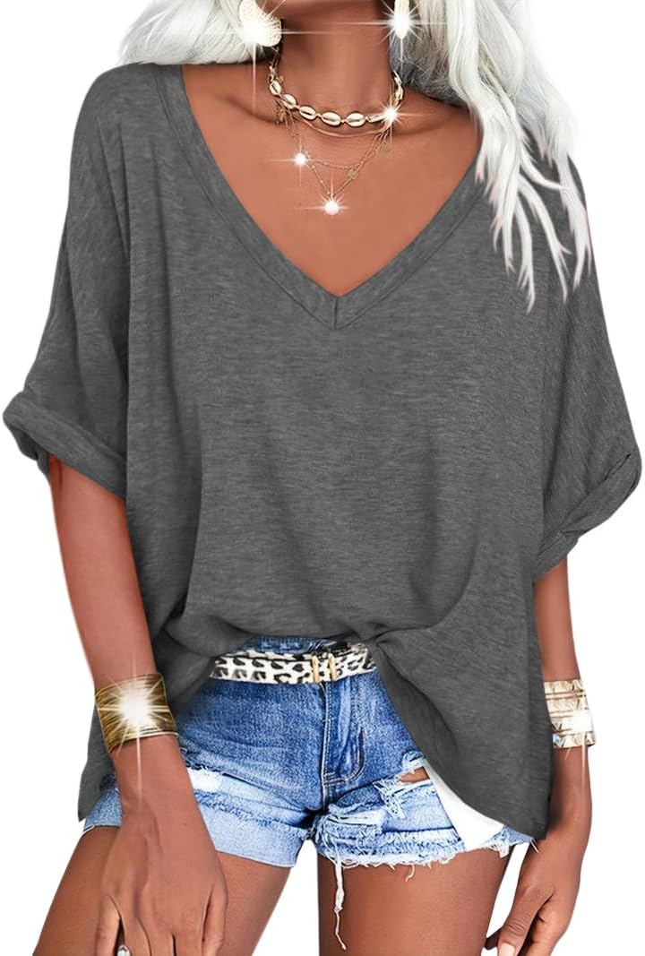 Women's Casual Oversized V-Neck Shoer Sleeve T-Shirt