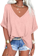 Women's Casual Oversized V-Neck Shoer Sleeve T-Shirt