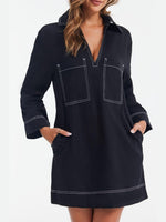 Women's Deep V Neck Denim Shirt Dress with Pockets