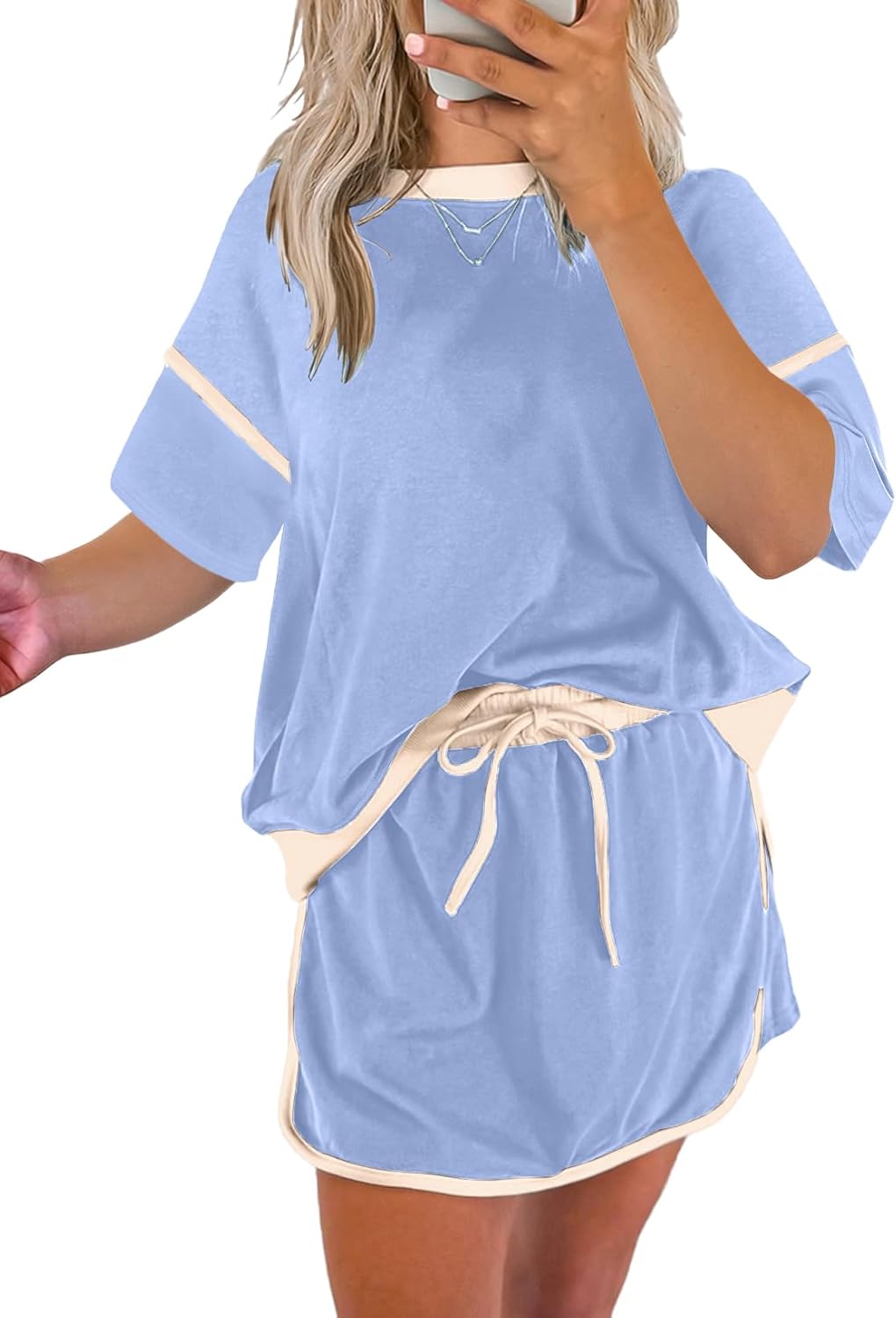 Women's Short Sleeve Tops and Drawstring Skort Matching Sets