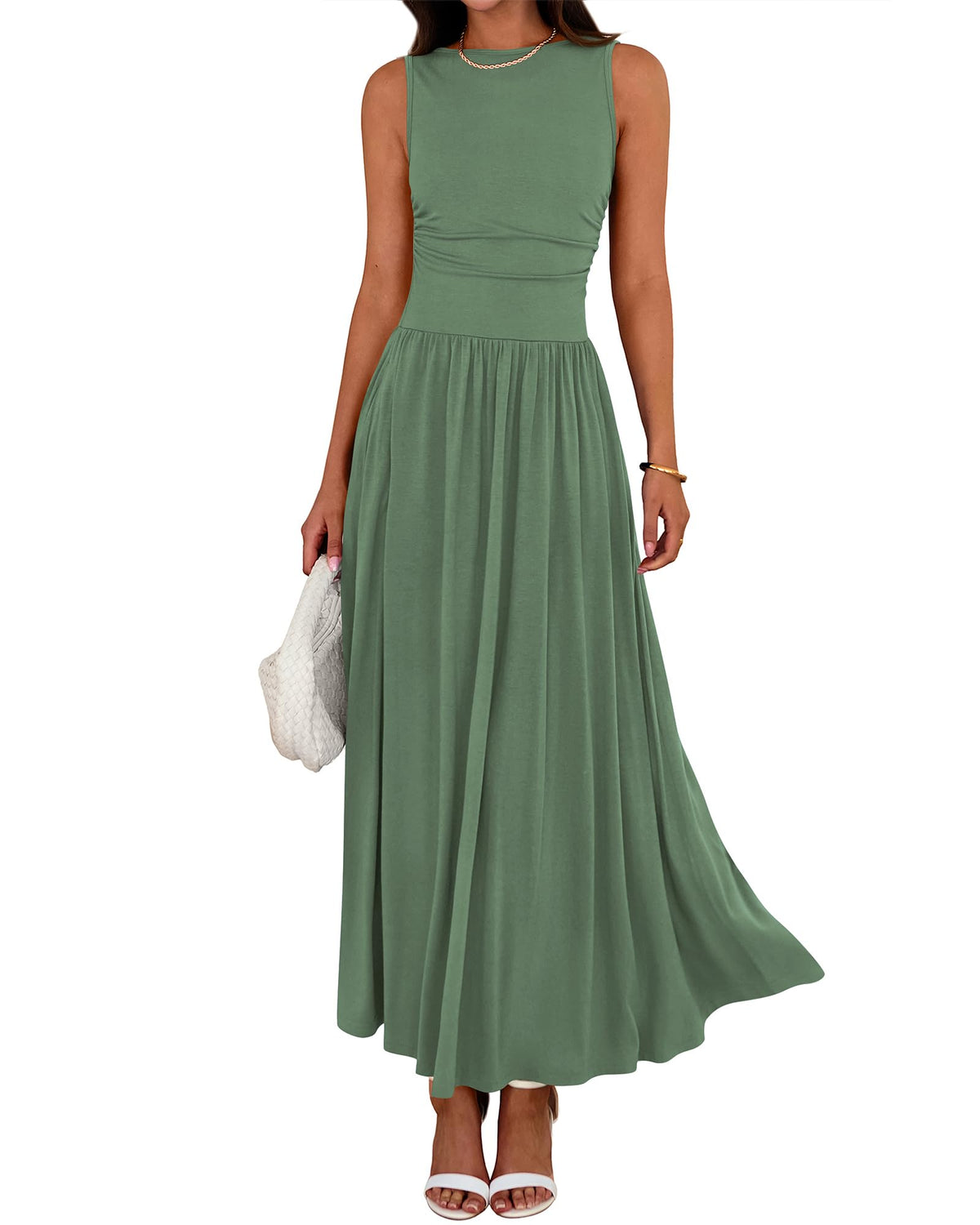 Women's Solid Sleeveless Ruched High Waisted Tank Dress with Pockets