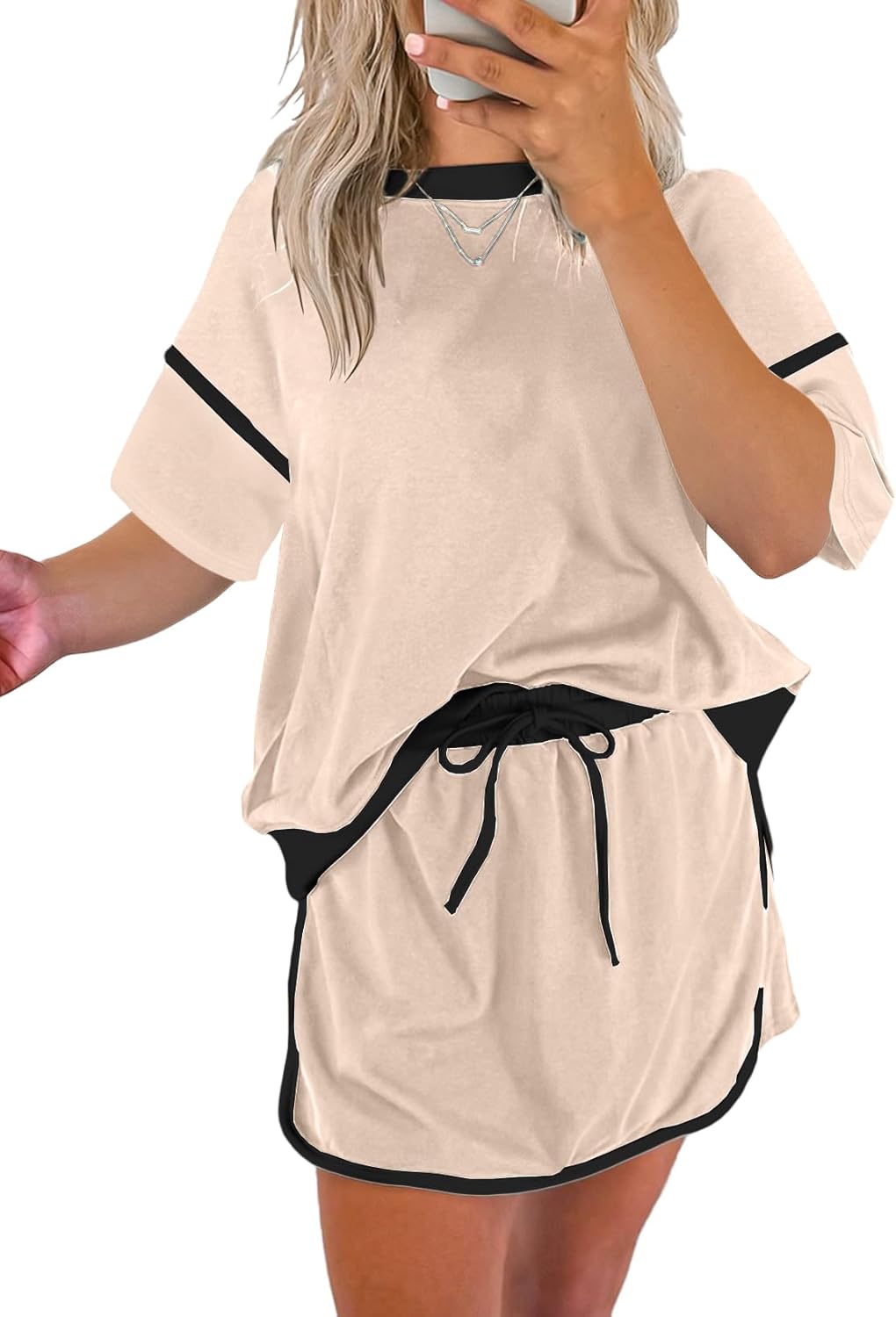 Women's Short Sleeve Tops and Drawstring Skort Matching Sets