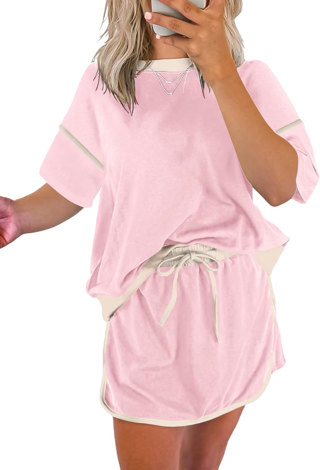 Women's Short Sleeve Tops and Drawstring Skort Matching Sets
