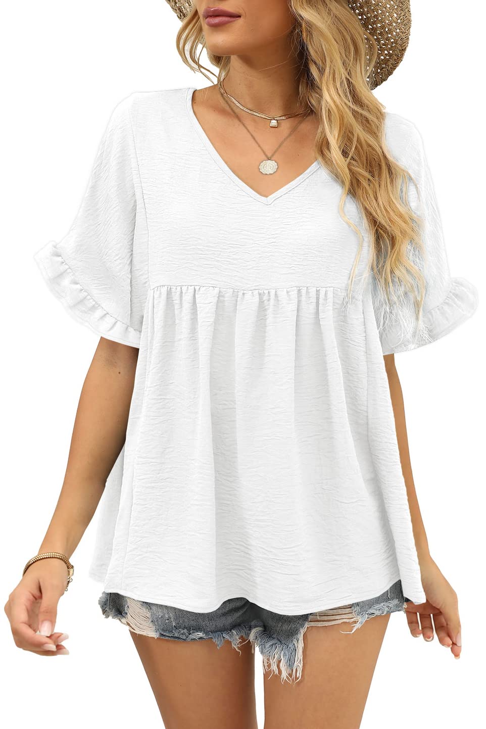 Women's Casual V Neck Ruffle Sleeve Blouse