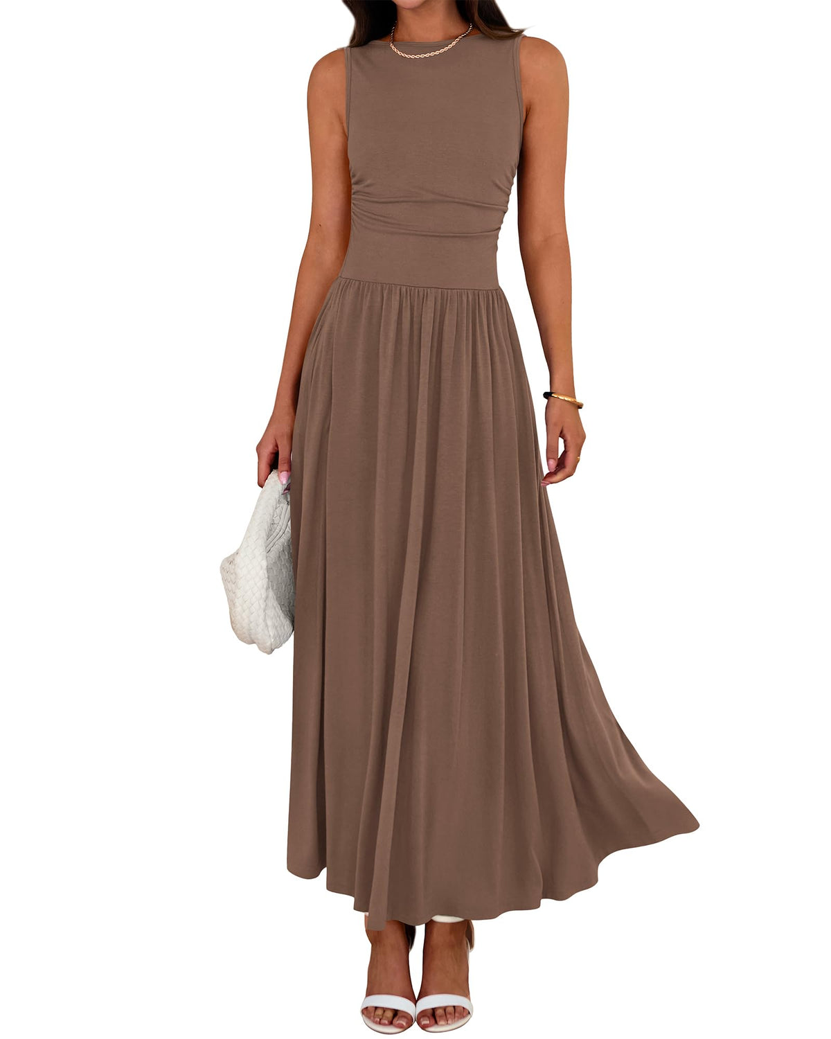 Women's Solid Sleeveless Ruched High Waisted Tank Dress with Pockets