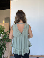 V-neckline Sleeveless Flow Top with Lace Trim