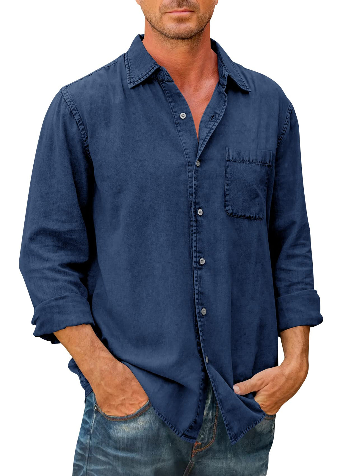 ??Men's Denim Long Sleeve Button Down Shirt