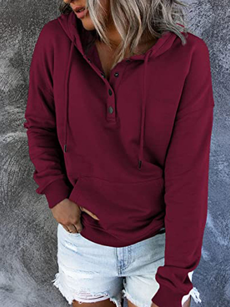 Solid Button Front Hoodie with Pocket