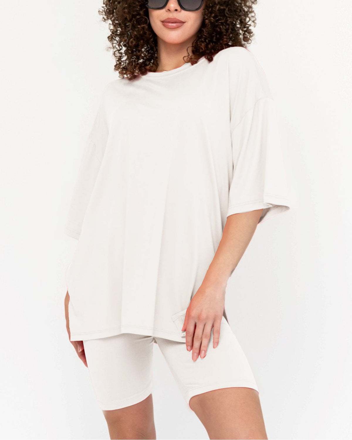 Women's Oversized Solid Biker Short Set