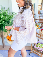 Women's Striped Button Shirt Side Slit Hem Swing Top