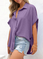 Women's Casual Short Sleeve Slit Hem Button Shirt
