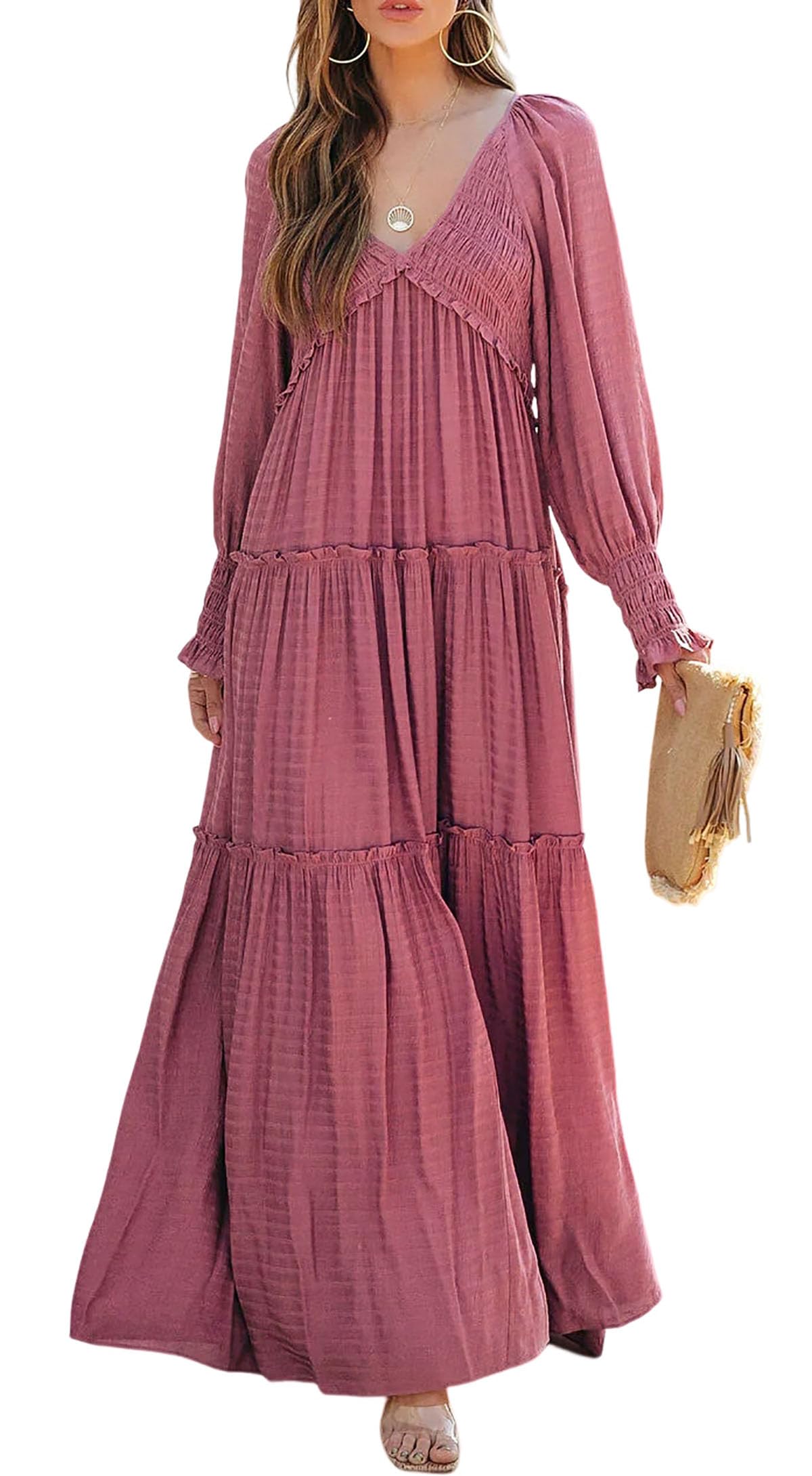 Women's Long Sleeve V Neck Boho Flowy Maxi Dresses