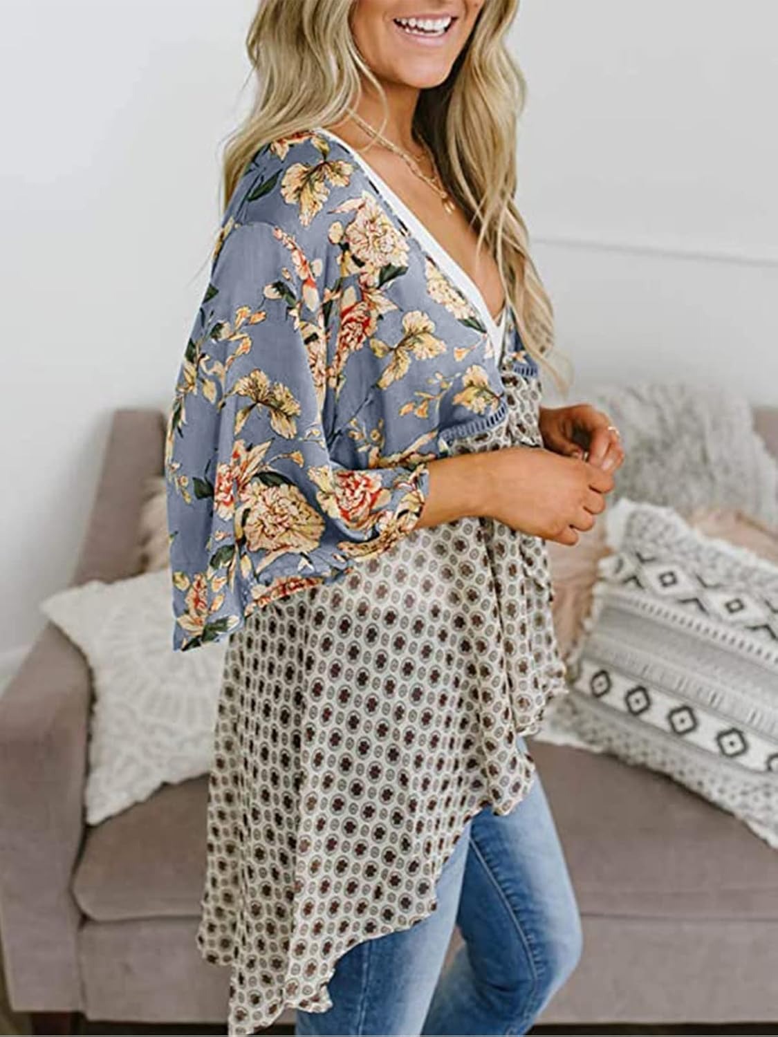 Summer Floral Kimono Ruffle Sleeve Tie Cardigans