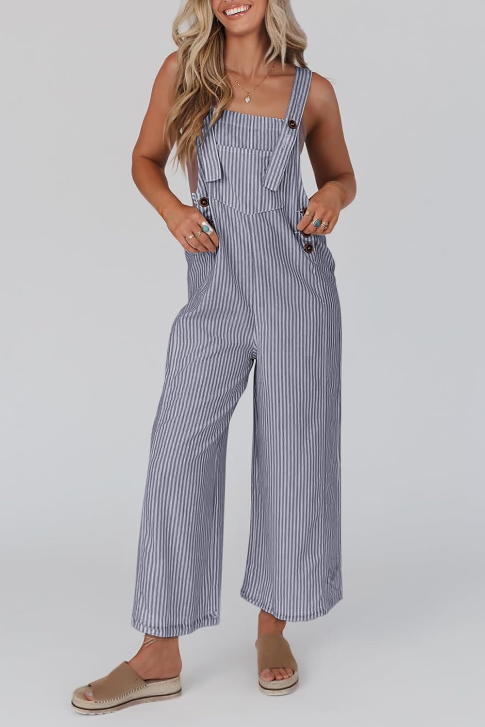 Women's Button Striped Wide Leg Jumpsuit