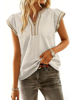 Women's Casual V Neck Flutter Sleeves Striped Top
