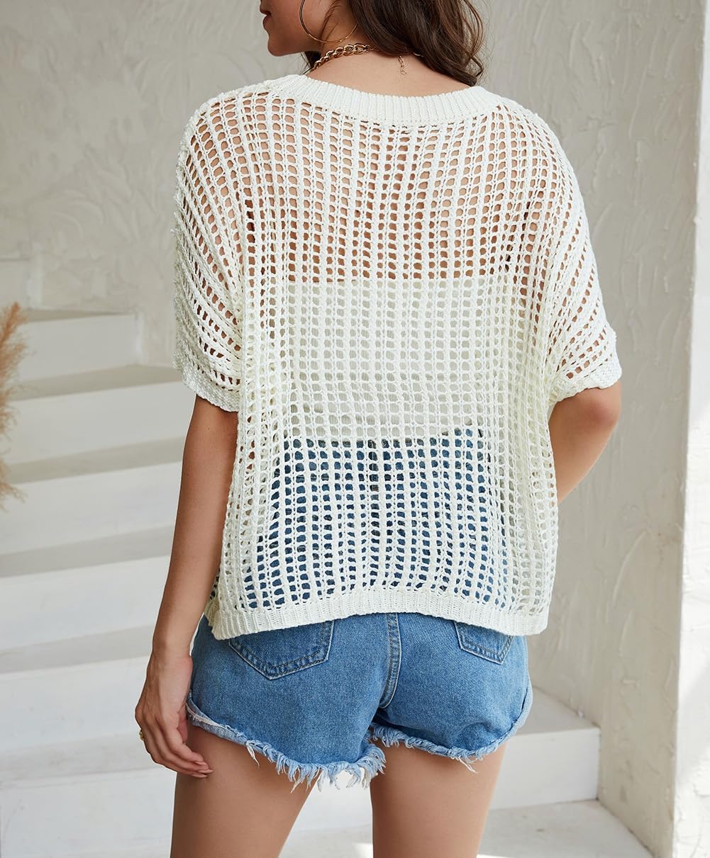 Women's Summer Casual Short Sleeve Hollow Out Crochet Tops