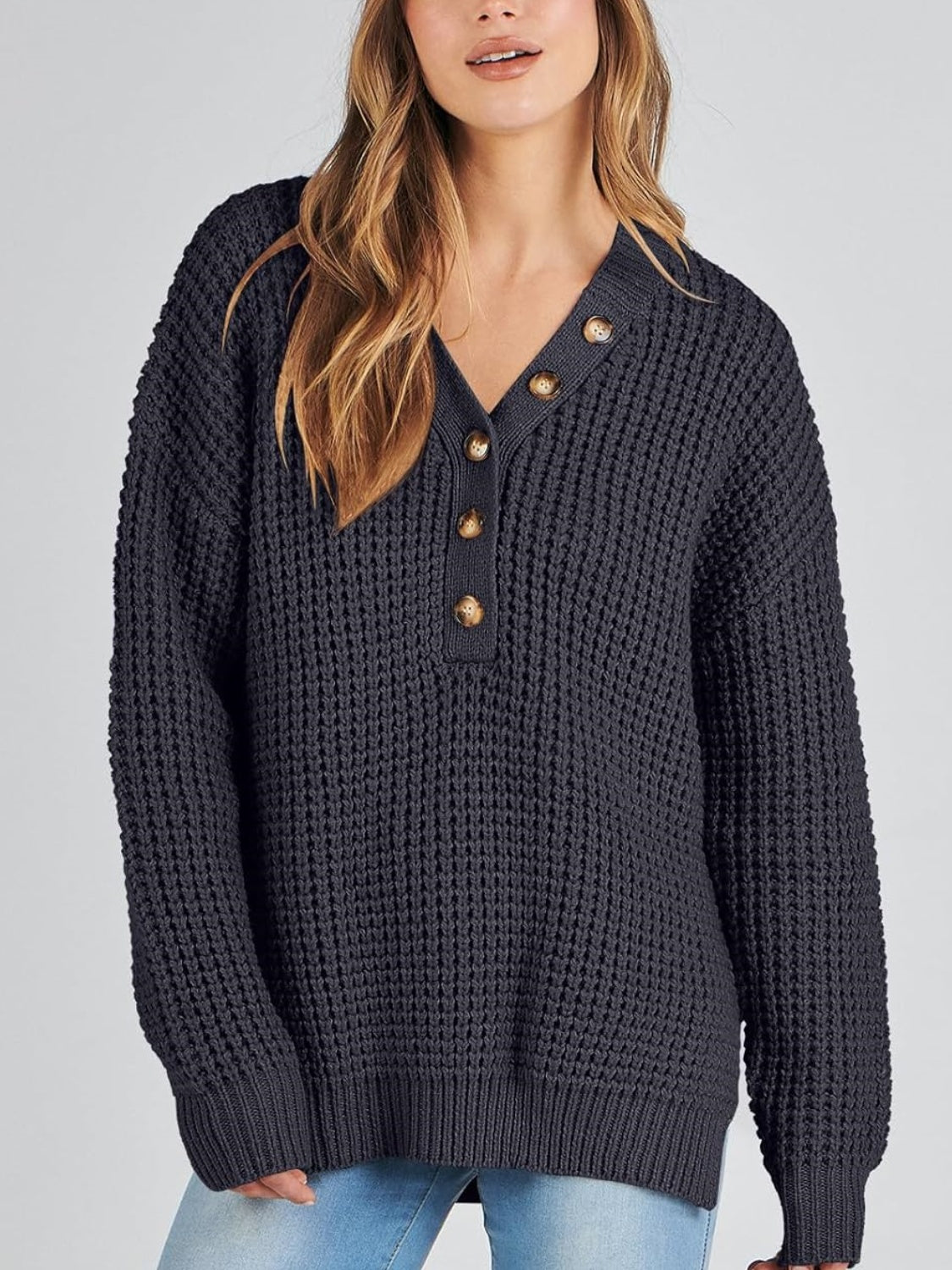 Women's Waffle Side Slit Knit Sweater