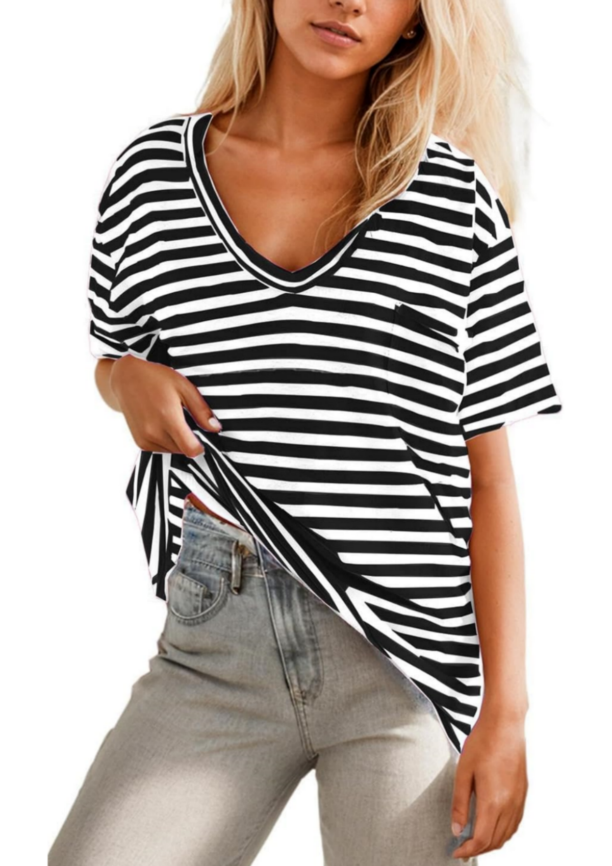 Women's Deep V Neck Striped T-shirt