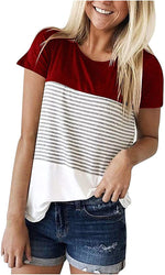 Striped Panel Crew Neck Short Sleeve Casual T-Shirt