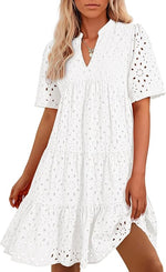 Women's V Neck Short Sleeve Hollow Out Mini Vacation Dress