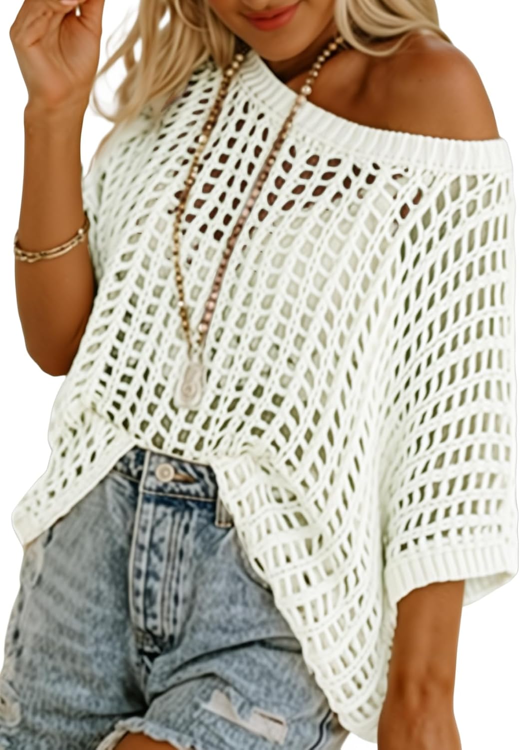 Women's Summer Casual Short Sleeve Hollow Out Crochet Tops