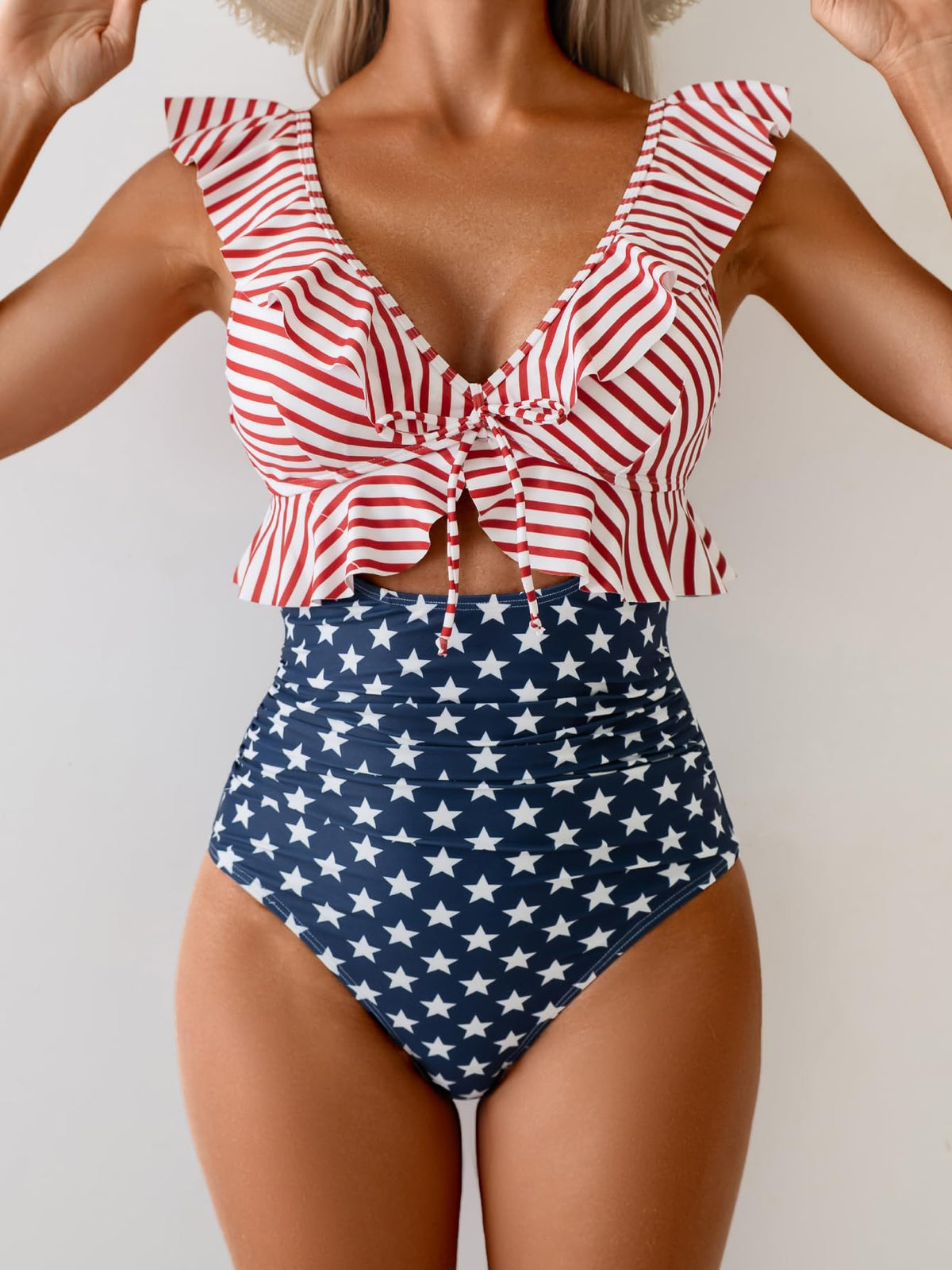 Tummy Control Ruffle Bathing Suit V Neck Ruched Swim Suit