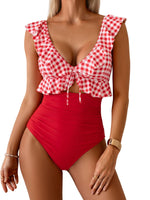 Tummy Control Ruffle Bathing Suit V Neck Ruched Swim Suit