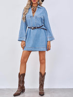 Women's Deep V Neck Denim Shirt Dress with Pockets