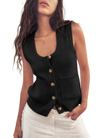 Women's Knitted Ribbed Sleeveless Button Down Top