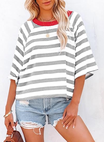 Women's Drop Shoulder Short Sleeve Striped Casual T-Shirts