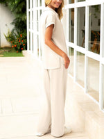 Women's Short Sleeve Top and Drawsting Wide Leg Pants 2 Piece Set