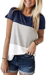 Striped Panel Crew Neck Short Sleeve Casual T-Shirt