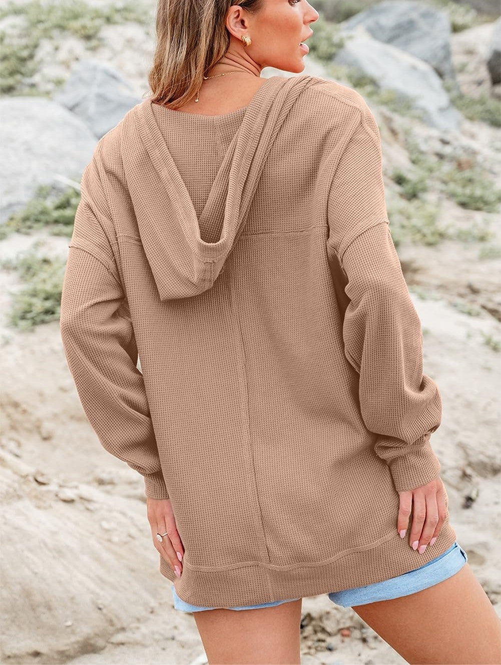 Women's Drawstring V Neck Waffle Hoodie