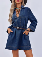 Women's Deep V Neck Denim Shirt Dress with Pockets