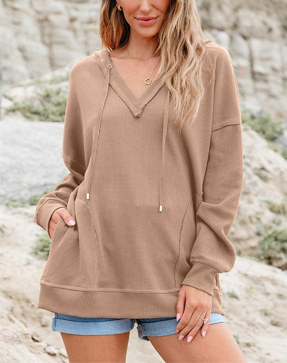 Women's Drawstring V Neck Waffle Hoodie
