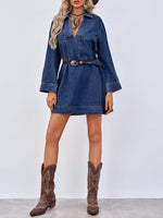 Women's Deep V Neck Denim Shirt Dress with Pockets