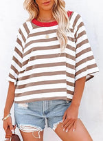 Women's Drop Shoulder Short Sleeve Striped Casual T-Shirts