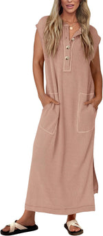 Women's Ribbed Henley Button Up Split Long Dress