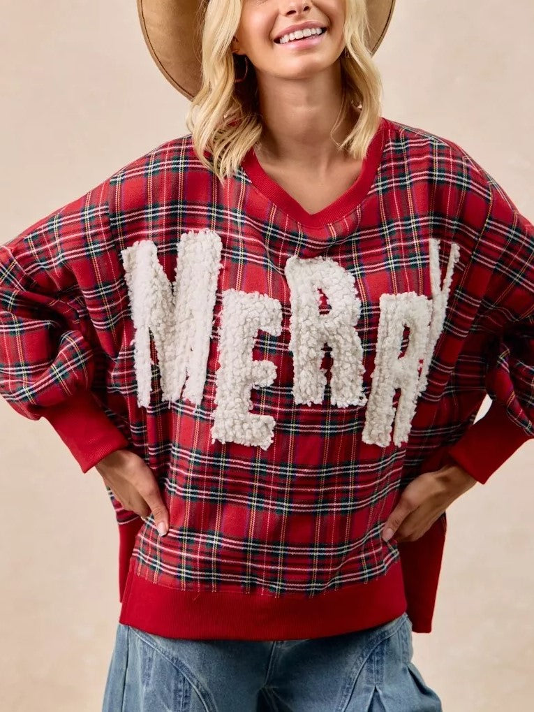 "MERRY" Fuzzy Letter Patches Christmas Plaid Sweatshirt