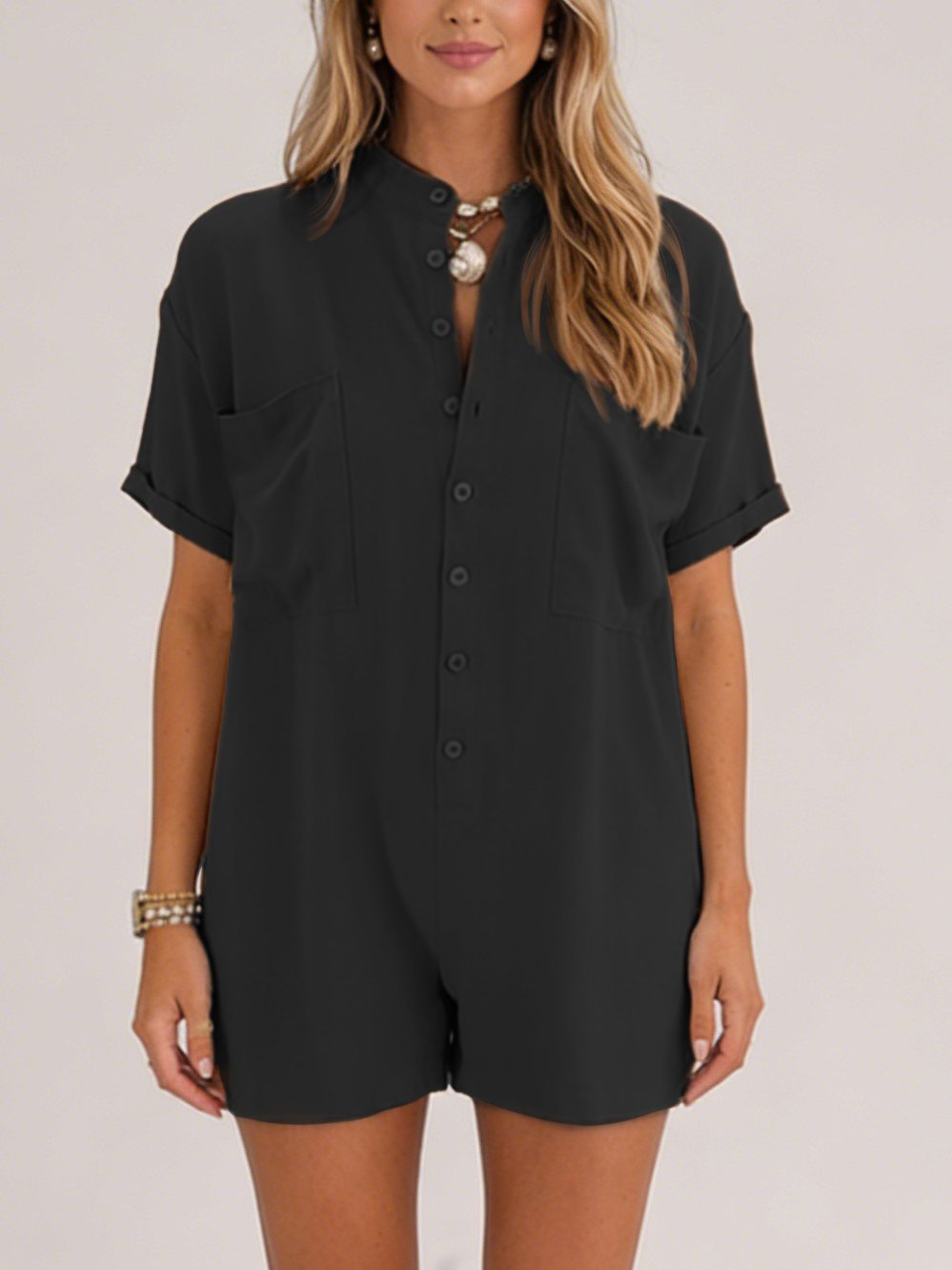 Women's Mandarin Collar Short Sleeve Romper