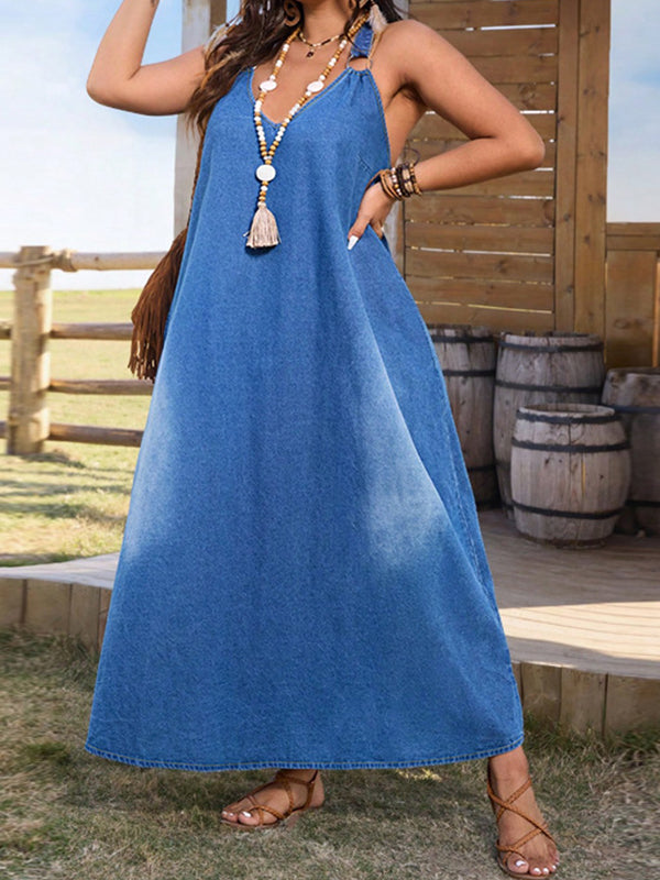 Women's Oversized Retro Denim Maxi Dress