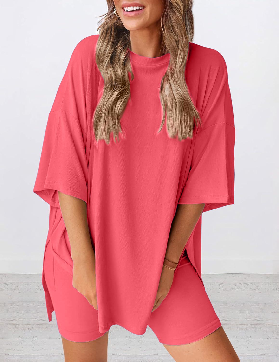 Women's Round Neck Side Slit Short Sleeve Top Tight Shorts Set