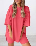 Women's Round Neck Side Slit Short Sleeve Top Tight Shorts Set